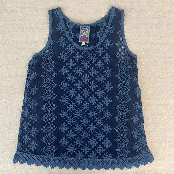 Johnny Was Carden Eyelet Tank Navy Blue Small - Picture 1 of 5